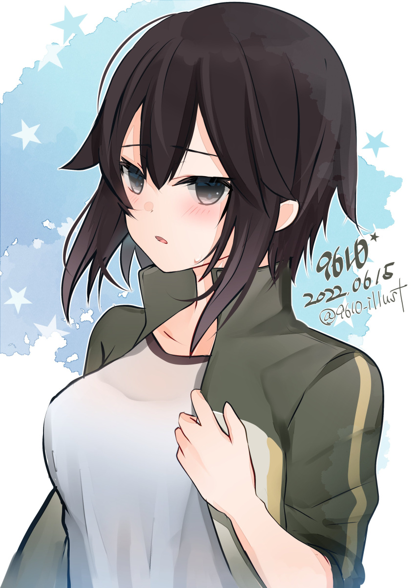 1girl absurdres artist_name black_hair blush breasts dated eiji_(monochromexd) grey_eyes gym_shirt hayasui_(kancolle) highres jacket kantai_collection large_breasts looking_at_viewer medium_hair one-hour_drawing_challenge open_clothes open_jacket open_mouth shirt solo star_(symbol) track_jacket twitter_username upper_body white_shirt