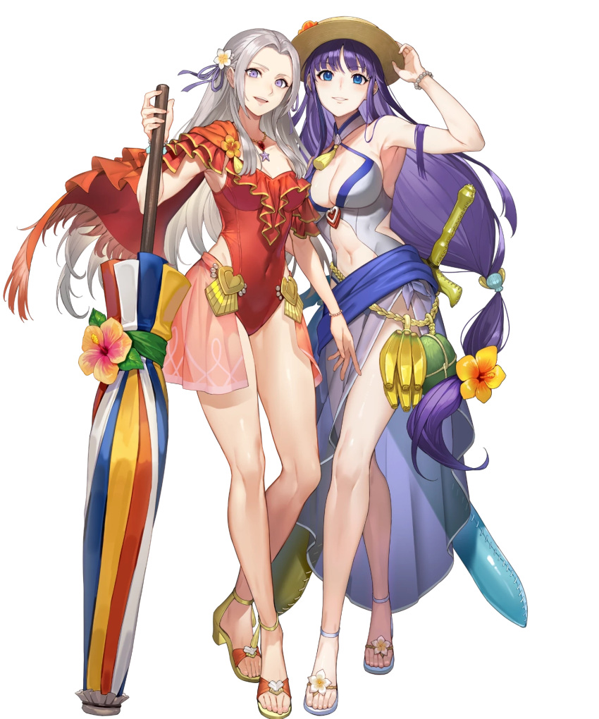 2girls adjusting_clothes adjusting_headwear altina armpits banana bangs beach_umbrella blue_eyes blue_hair bracelet breasts capelet cleavage clothing_cutout coconut covered_navel crossed_legs edelgard_von_hresvelg eyebrows_visible_through_hair fire_emblem fire_emblem:_radiant_dawn fire_emblem:_three_houses fire_emblem_heroes flower food fruit gold_trim hair_flower hair_ornament halterneck hand_up hat hibiscus highleg highleg_swimsuit highres holding inflatable_sword inflatable_toy jewelry kakage long_hair looking_at_viewer low-tied_long_hair medium_breasts multiple_girls navel navel_cutout necklace non-web_source off-shoulder_one-piece_swimsuit off_shoulder official_art one-piece_swimsuit parted_bangs parted_lips purple_eyes red_swimsuit sarong see-through shiny shiny_skin smile standing swimsuit thighs toes transparent_background umbrella very_long_hair watson_cross white_hair