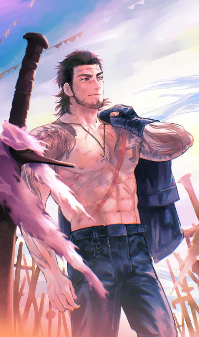 1boy abs arm_tattoo bara battlefield beard belt black_hair chest_tattoo cloud cloudy_sky cross cross_necklace facial_hair final_fantasy final_fantasy_xiv gladiolus_amicitia gloves highres jacket jacket_on_shoulders jacket_removed jewelry koro_mma long_hair male_focus manly muscular muscular_male necklace nipples outdoors pants pectorals shoulder_tattoo sky solo sword tattoo topless_male weapon