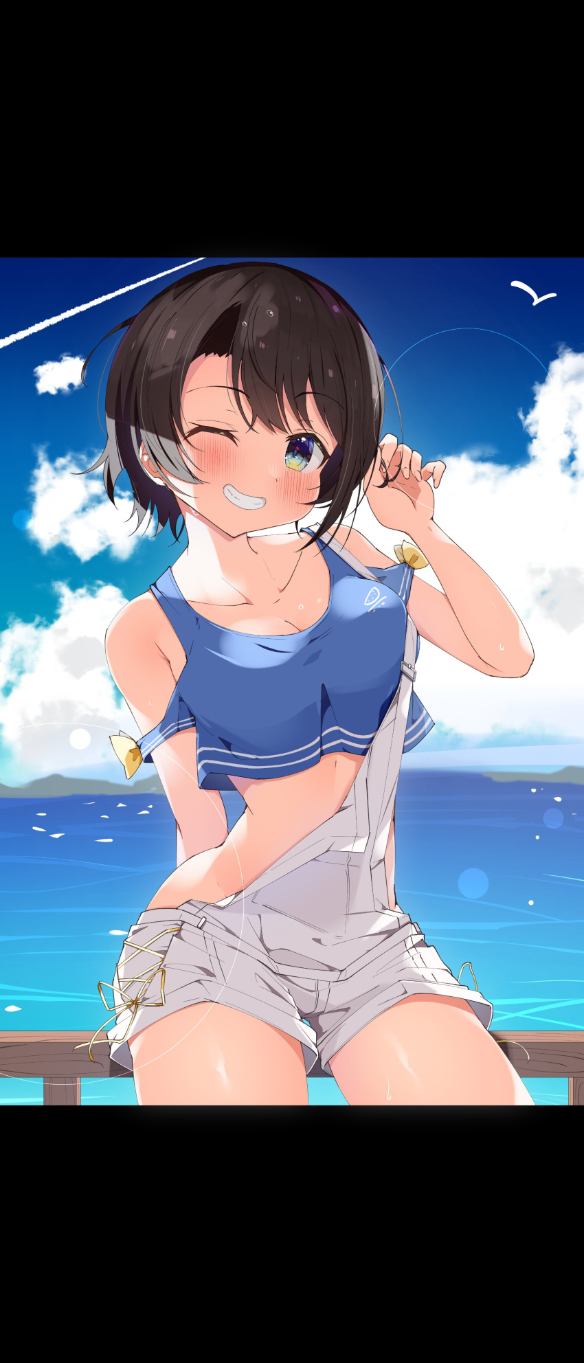 absurdres bird black_hair blue_eyes blush breasts cloud crop_top grey_overalls grin handrail highres hololive kuno medium_breasts messy_hair ocean one_eye_closed oozora_subaru overall_shorts overalls seagull short_hair sky smile