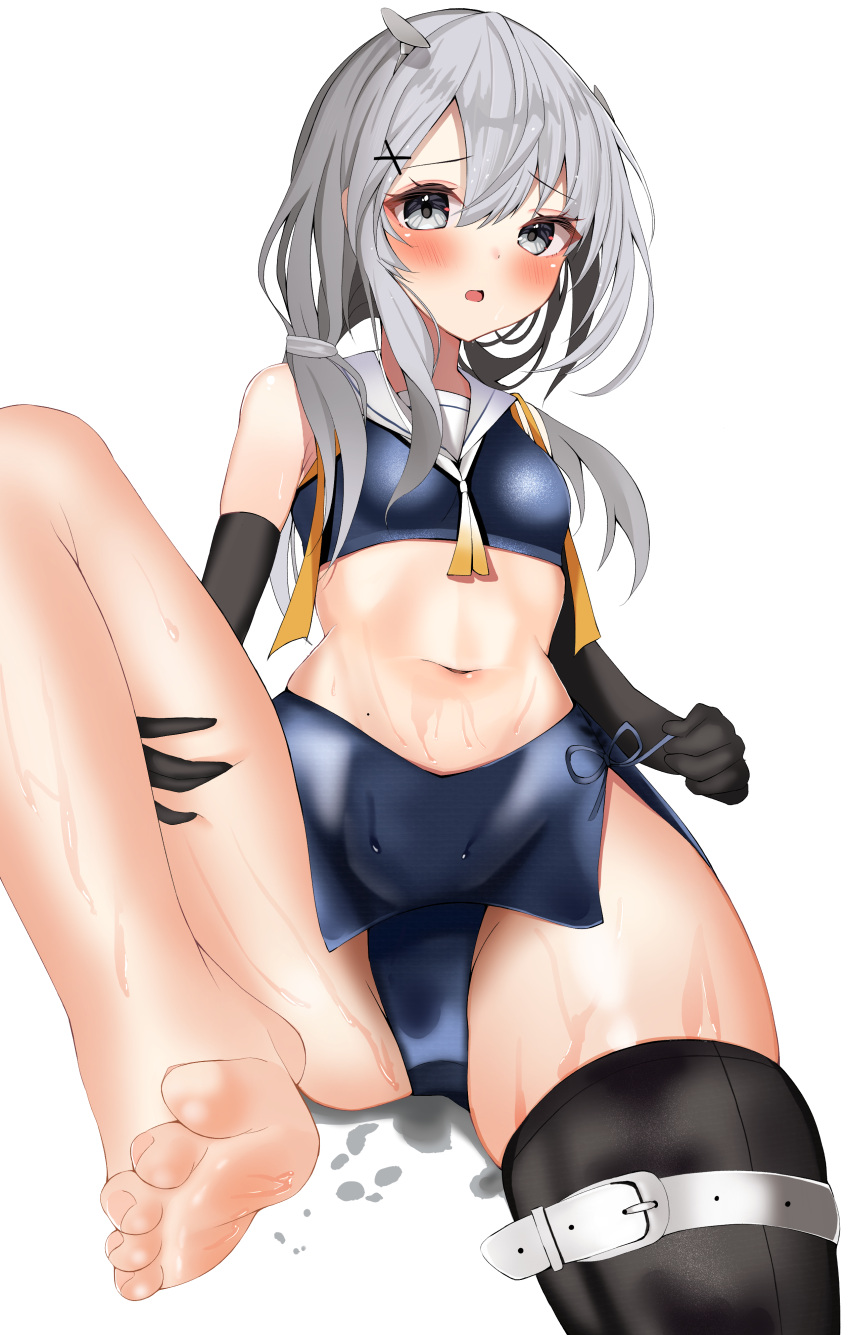 1girl absurdres aruka0807 barefoot black_gloves blush crop_top elbow_gloves eyebrows_visible_through_hair gloves grey_eyes grey_hair hair_between_eyes hair_ornament highres i-201_(kancolle) kantai_collection long_hair navel open_mouth sailor_collar simple_background soles solo white_background white_sailor_collar x_hair_ornament
