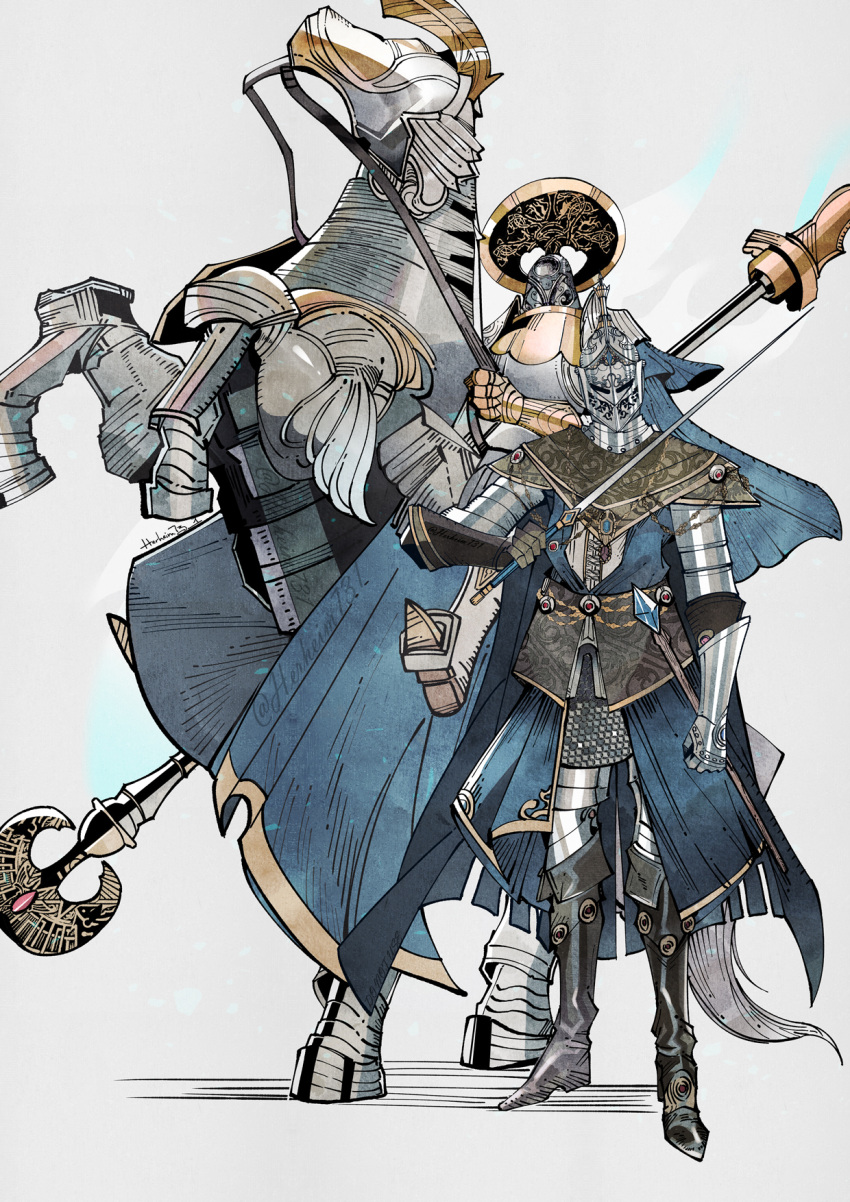 1boy 1girl armor barding denny626 elden_ring full_armor full_body highres holding holding_polearm holding_sword holding_weapon horse horseback_riding loretta_knight_of_the_haligtree moongrum_carian_knight polearm riding simple_background staff standing sword weapon white_background