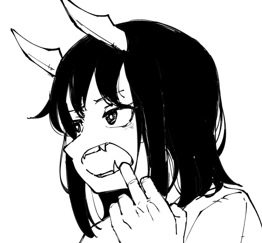 1girl aoki_ruri bangs dragon_girl dragon_horns fangs finger_in_own_mouth greyscale highres horns looking_away masruu medium_hair monochrome open_mouth parted_bangs portrait ruri_dragon shirt simple_background solo teeth white_background