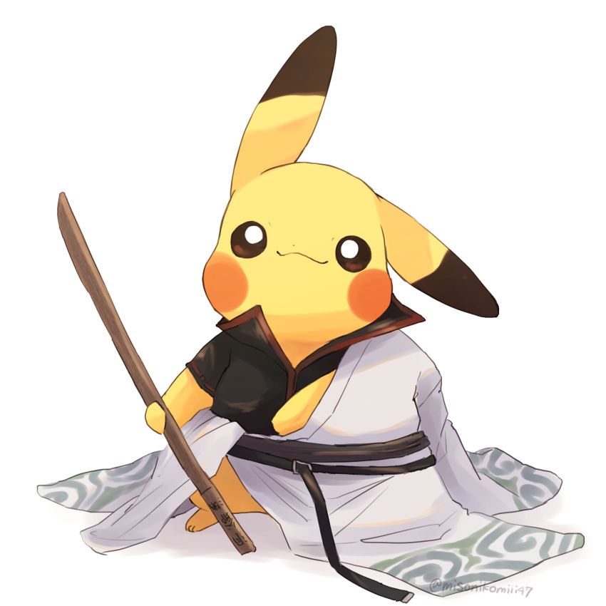 animal animal_focus armrest black_shirt closed_mouth commentary cosplay cosplay_pikachu gintama highres holding holding_weapon looking_at_viewer misonikomiii no_humans off_shoulder pikachu pokemon pokemon_(creature) sakata_gintoki shirt short_sleeves simple_background smile solo sword wavy_mouth weapon white_background wooden_sword