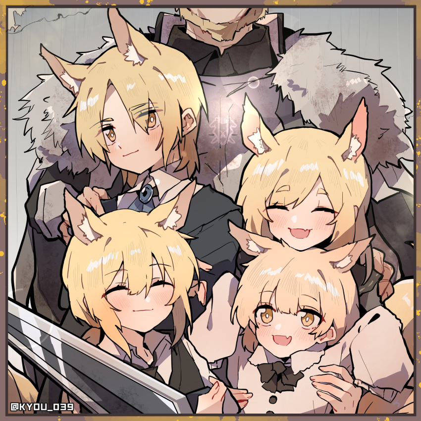 2boys 3girls :d ^_^ absurdres alternate_costume animal_ears arknights ascot aunt_and_niece bangs beard black_bow black_bowtie black_shirt black_vest blemishine_(arknights) blonde_hair blush bow bowtie braid closed_eyes closed_mouth dress extra_ears facial_hair family family_portrait fang fur-trimmed_armor grandfather_and_granddaughter grandfather_and_grandson grey_background hand_on_another's_shoulder hands_up happy head_out_of_frame highres holding holding_sword holding_weapon horse_boy horse_ears horse_girl kyou_039 long_sleeves looking_at_viewer low_ponytail mlynar_(arknights) multiple_boys multiple_girls nearl_(arknights) open_mouth parted_bangs shirt short_hair siblings simple_background sisters skin_fang sleeves_past_fingers sleeves_past_wrists smile sword twitter_username uncle_and_niece vest weapon whislash_(arknights) white_dress yellow_eyes younger