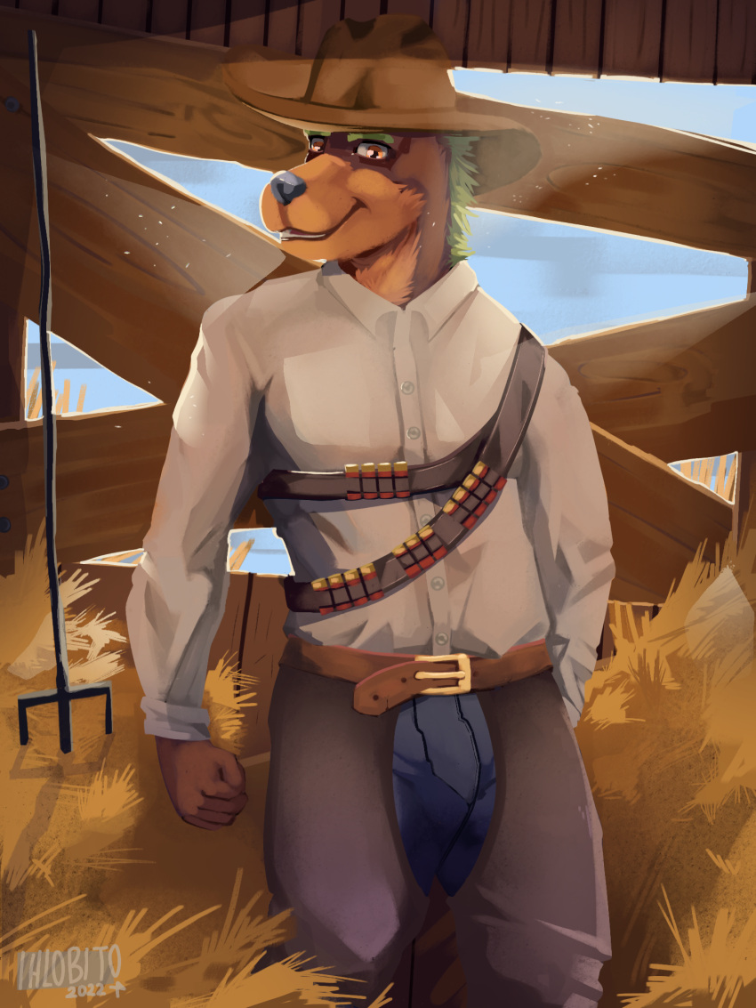 burrbito canid canine canis cowboy_outfit domestic_dog hi_res humanoid male mammal painting_(artwork) sfw traditional_media_(artwork)