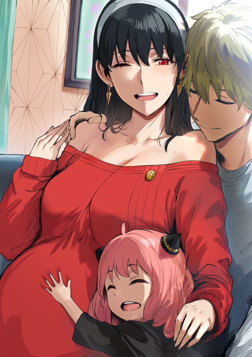 1boy 2girls absurdres affectionate anya_(spy_x_family) bare_shoulders black_hair blonde_hair blush breasts closed_eyes closed_mouth earrings eyebrows_visible_through_hair family father_and_daughter female_child hairband hand_on_another's_shoulder hand_on_another's_stomach happy hews highres hug husband_and_wife jewelry long_hair medium_breasts mother_and_daughter multiple_girls one_eye_closed open_mouth pink_hair pregnant red_eyes smile spy_x_family sweater teeth twilight_(spy_x_family) upper_teeth white_hairband yor_briar