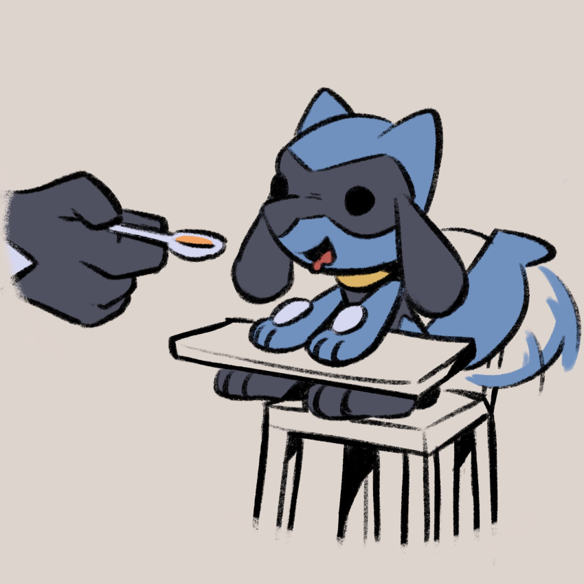 3_fingers 3_toes advos ambiguous_gender anthro blue_body blue_ears blue_tail cutlery digital_media_(artwork) disembodied_hand duo feet fingers food fur hi_res highchair holding_object kitchen_utensils nintendo open_mouth pok&eacute;mon pok&eacute;mon_(species) riolu simple_background sitting smile spoon tail_motion tailwag toes tongue tools video_games