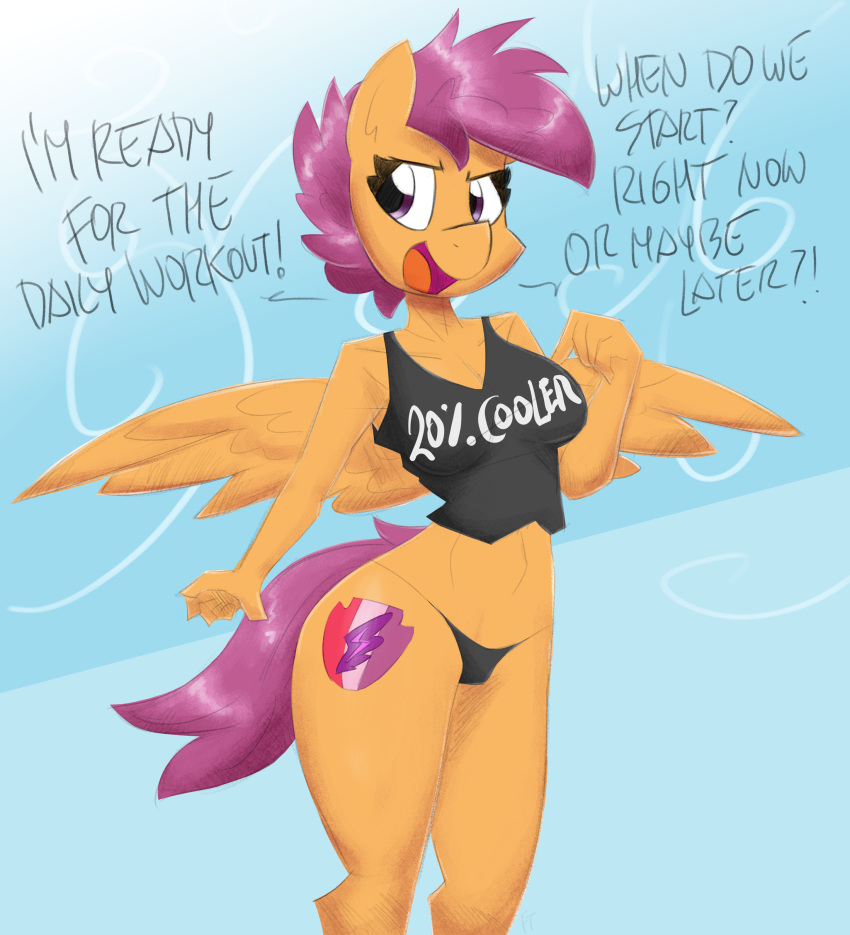absurd_res anthro breasts clothed clothing cutie_mark equid equine feathered_wings feathers female flutterthrash friendship_is_magic hair hasbro hi_res horse mammal my_little_pony orange_body panties pegasus pony purple_hair scootaloo_(mlp) simple_background solo underwear wings