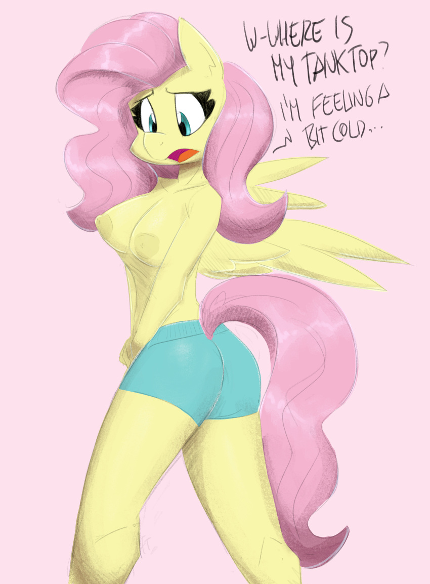 absurd_res anthro areola bottomwear breasts butt clothed clothing english_text equid equine feathered_wings feathers female fluttershy_(mlp) flutterthrash friendship_is_magic fur hair hasbro hi_res horse mammal my_little_pony nipples pegasus pink_hair pony shorts simple_background solo text topless underwear wings yellow_body