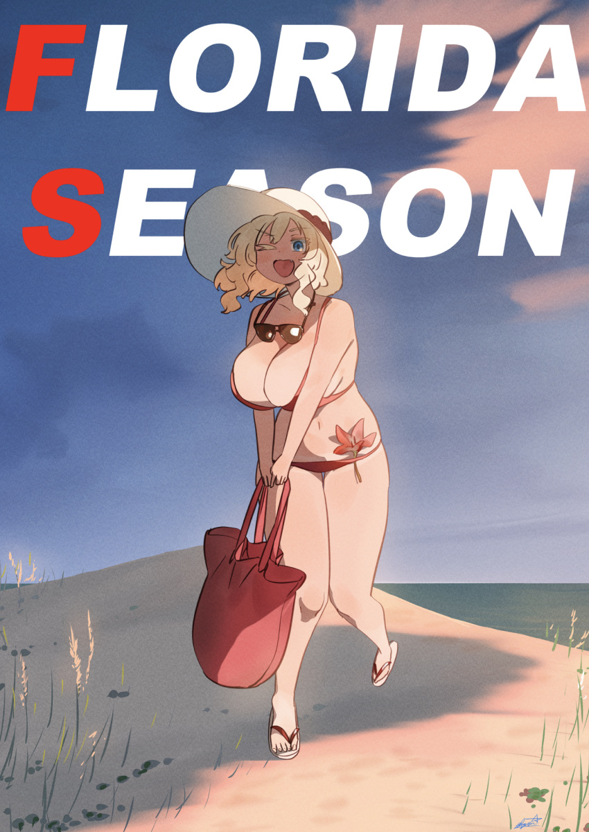 1girl :d background_text bag bangs beach bikini blonde_hair blue_eyes blush breasts character_name cleavage commentary_request english_commentary english_text fang flip-flops florida-chan_(ryusei_hashida) hat highres holding holding_bag horizon japanese_clothes large_breasts looking_at_viewer medium_hair mixed-language_commentary ocean one_eye_closed open_mouth original red_bikini ryusei_hashida sandals smile solo sun_hat swimsuit tongue v_arms white_headwear