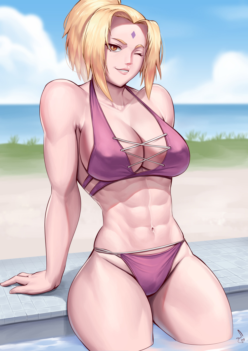 1girl abs absurdres bikini blonde_hair breasts brown_eyes facial_mark forehead_mark highres large_breasts looking_at_viewer medium_hair muscular muscular_female naruto naruto_(series) one_eye_closed pool sky solo speedl00ver swimsuit tsunade_(naruto)