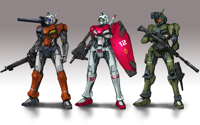 brown_background gm_(mobile_suit) gm_cannon gm_sniper gun gundam gundam_msv highres holding holding_gun holding_shield holding_weapon inawata mecha mobile_suit mobile_suit_gundam no_humans redesign rifle shadow shield shoulder_cannon sniper_rifle variations visor weapon