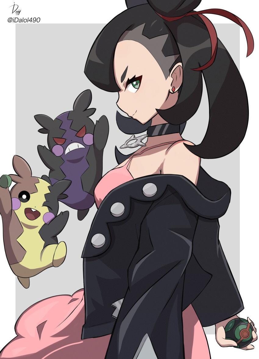 1girl absurdres artist_name black_choker black_hair black_jacket border choker closed_mouth commentary dress dual_persona dusk_ball earrings from_side green_eyes hair_ribbon highres holding holding_poke_ball ida_(idalol490) jacket jewelry looking_at_viewer looking_to_the_side marnie_(pokemon) morpeko morpeko_(full) morpeko_(hangry) off_shoulder pendant_choker pink_dress poke_ball pokemon pokemon_(creature) pokemon_(game) pokemon_swsh profile red_ribbon ribbon signature smile spaghetti_strap twintails two_side_up v-shaped_eyebrows white_border