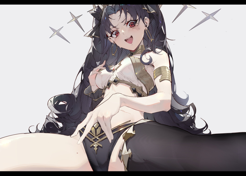 1girl :d absurdres armlet bangs bankongping bikini black_bikini black_bow black_hair black_legwear bow breasts cameltoe commentary crotch curly_hair earrings fate/grand_order fate_(series) from_below gold grey_background hair_bow hand_on_own_chest highres hoop_earrings ishtar_(fate) jewelry letterboxed light_blush long_hair looking_at_viewer medium_breasts mismatched_bikini mole mole_on_thigh open_mouth parted_bangs red_eyes simple_background single_thighhigh sitting smile solo split spread_legs sweatdrop swimsuit teeth thighhighs thighs underwear upper_teeth very_long_hair white_bikini
