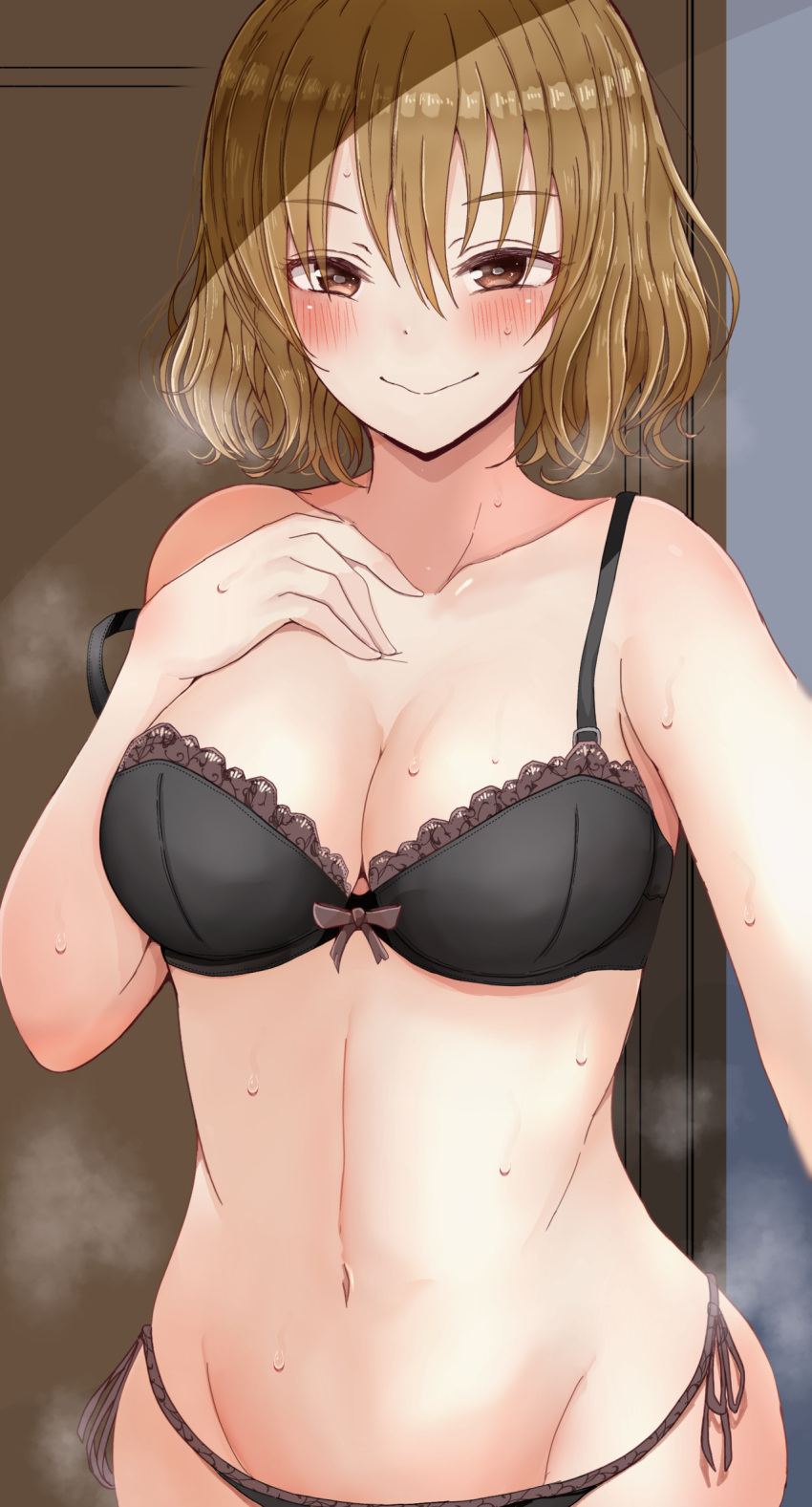 1girl bangs black_panties blush bra breasts brown_eyes brown_hair cleavage collarbone eyebrows_visible_through_hair hair_between_eyes hand_on_own_chest highres lace-trimmed_bra lace_trim large_breasts looking_at_viewer mebunryo_(mebunryo2) momioka_risa outstretched_arm panties selfie short_hair side-tie_panties smile solo steam stomach strap_slip sweat to_love-ru to_love-ru_darkness underwear