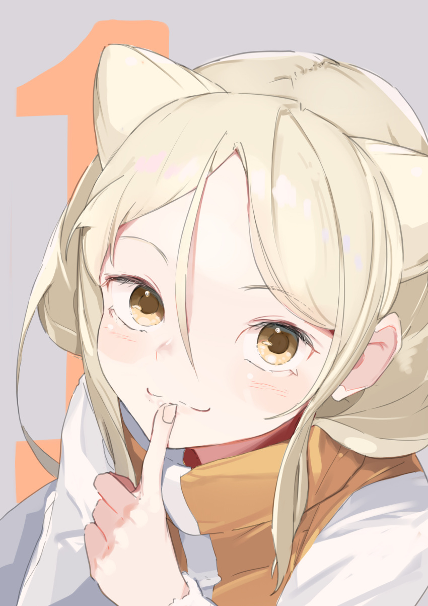 1girl bad_hands blush brown_eyes co_botan commentary_request cone_hair_bun finger_to_mouth grey_background hair_between_eyes hair_bun high_collar highres looking_at_viewer number_background original portrait sidelocks simple_background smile solo