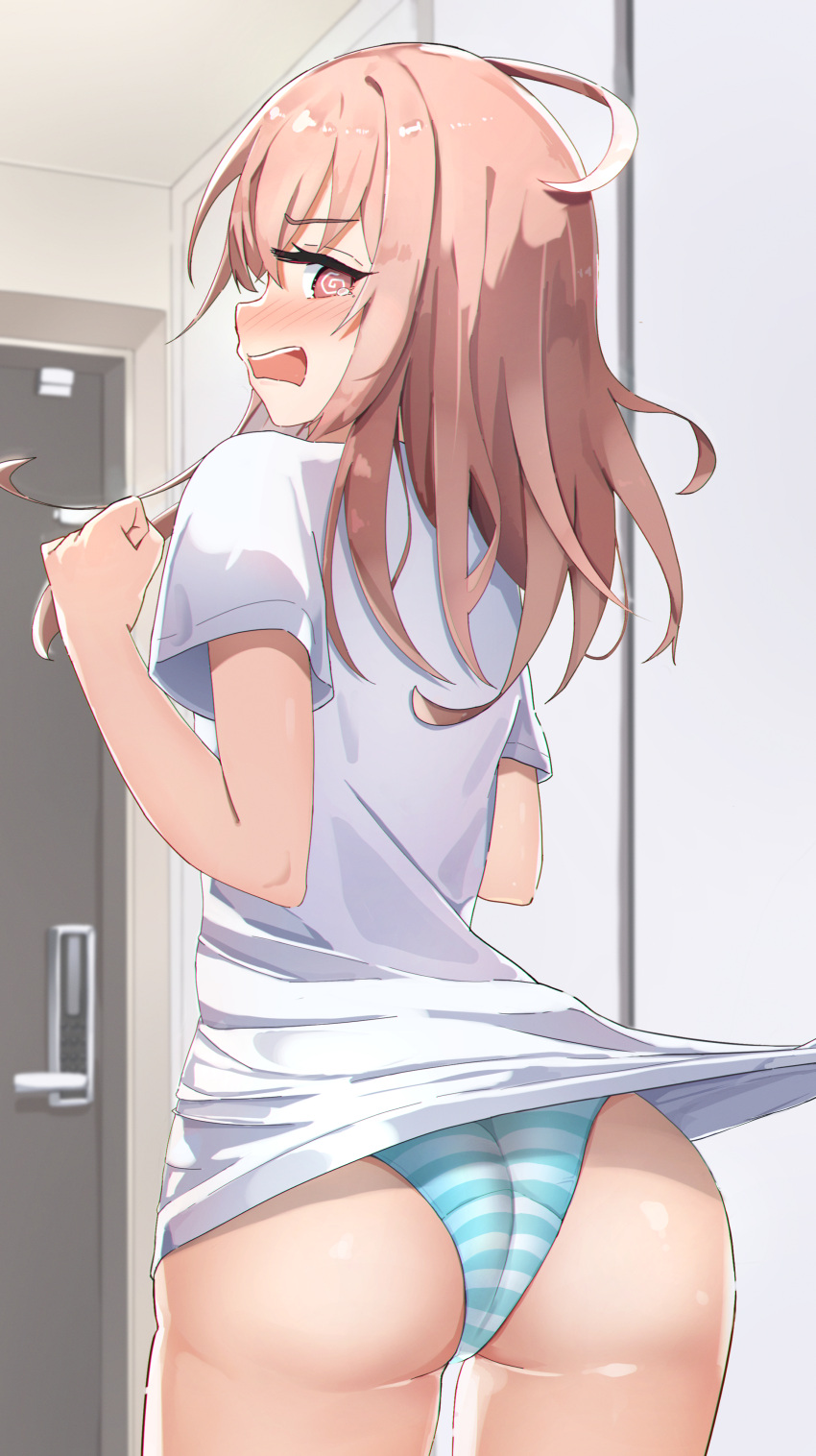 1girl @_@ absurdres aqua_panties ass band_(skymole01) blush clenched_hand clothes_pull embarrassed eyebrows_visible_through_hair flustered from_behind furrowed_brow hands_up highres inui_sajuna long_hair looking_back no_pants nose_blush open_mouth panties pink_eyes pink_hair pulled_by_another shirt shirt_pull solo sono_bisque_doll_wa_koi_wo_suru striped striped_panties t-shirt tears teeth underwear upper_teeth white_shirt
