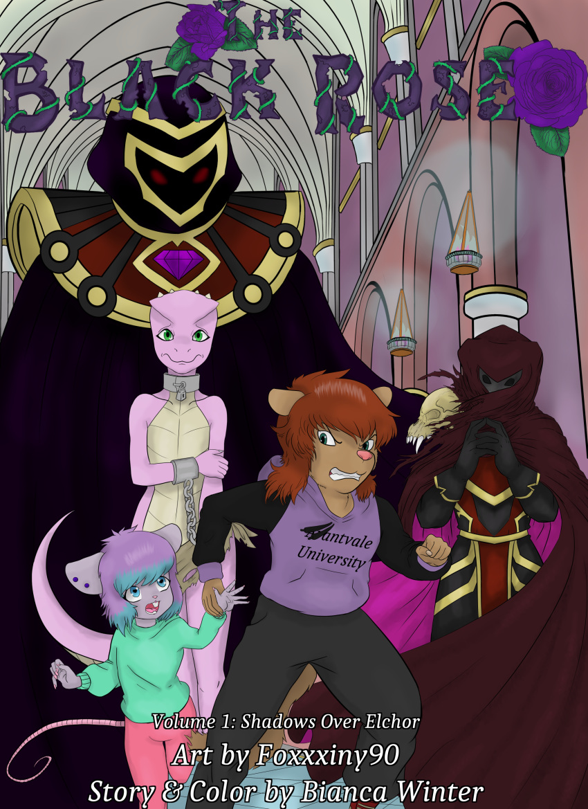 absurd_res ambiguous_gender anthro aryll_medo_(lilmousybianca) bianca_winter_(lilmousybianca) chain chained cover cover_art cover_page female foxxxiny90 group hair hi_res kobold lilmousybianca male mammal mouse murid murine mustela mustelid musteline pink_body purple_hair red_hair rodent rory_dolvan_(lilmousybianca) running scalie true_musteline