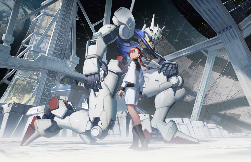 1girl aqua_eyes bangs blue_eyes commentary_request glowing glowing_eye green_jacket green_shorts gundam gundam_aerial gundam_suisei_no_majo hand_on_own_knee highres jacket key_visual looking_up mecha mobile_suit mogumo official_art one_knee open_hand promotional_art protagonist_(gundam_suisei_no_majo) red_hair science_fiction shorts