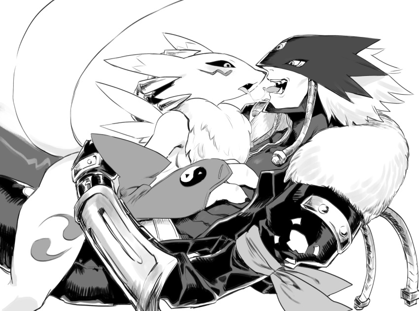 2021 after_kiss anthro armwear bandai_namco beelzemon bodily_fluids clothing digimon digimon_(species) duo eye_contact female fur gloves hand_on_head handwear humanoid humanoid_on_anthro looking_at_another male male/female markings monochrome open_mouth renamon saliva saliva_string scarf simple_background teeth tongue tongue_out tuft white_background yuriyuri_(ccc)