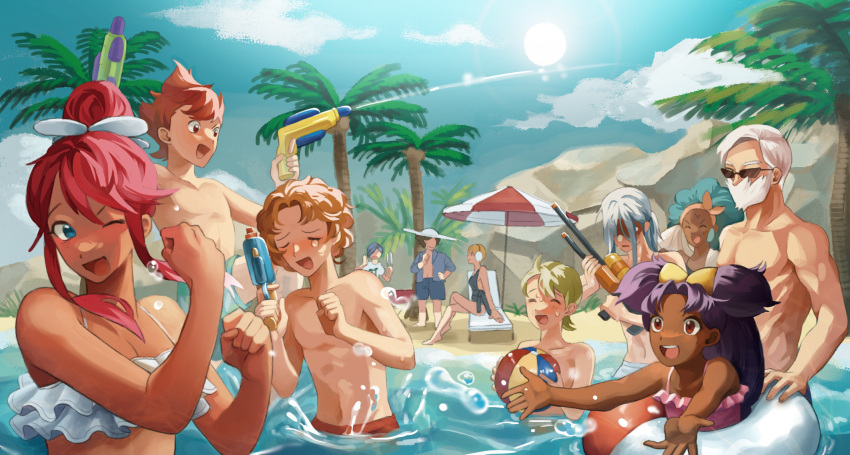 4girls 6+boys :d alternate_costume barefoot beach beach_umbrella beard blue_eyes blush breasts brown_hair brycen_(pokemon) burgh_(pokemon) c0ral_reef_p chili_(pokemon) cilan_(pokemon) clay_(pokemon) cleavage closed_eyes cloud commentary_request cress_(pokemon) dark-skinned_female dark_skin day drayden_(pokemon) elesa_(pokemon) facial_hair green_hair happy highres holding innertube iris_(pokemon) lenora_(pokemon) male_swimwear multiple_boys multiple_girls one_eye_closed open_clothes open_mouth open_shirt outdoors palm_tree playing pokemon pokemon_(game) pokemon_bw red_hair sand shirt shore short_hair sidelocks sitting sky skyla_(pokemon) smile splashing sun sunglasses swimsuit tongue topless_male tree umbrella wading water water_gun white_hair