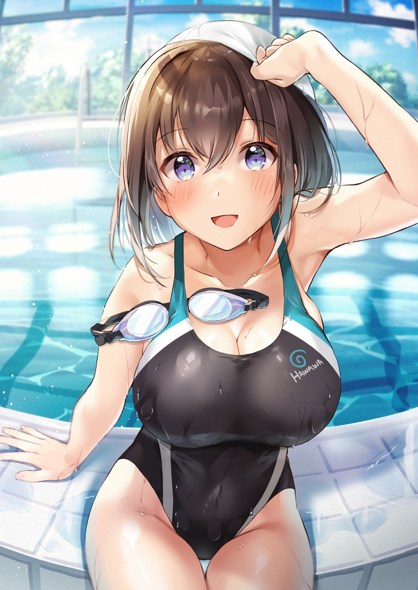 1girl arm_support arm_up bangs black_swimsuit blue_eyes blue_sky blurry blurry_background breasts brown_hair cleavage cloud collarbone commentary_request covered_navel day eyebrows_visible_through_hair goggles hair_between_eyes highres indoors large_breasts looking_at_viewer open_mouth original pool pool_ladder poolside shiro_kuma_shake sitting sky smile solo swim_cap swimsuit tree wet window