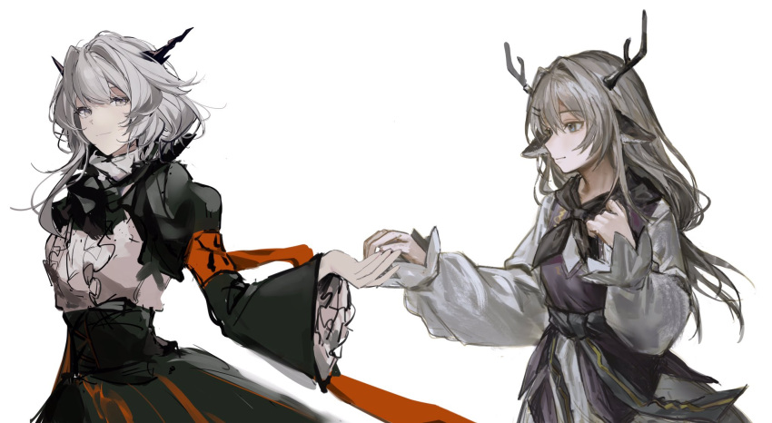 2girls alina_(arknights) animal_ears arknights armband ascot black_ascot black_dress black_neckerchief collaboration commentary deer_antlers deer_ears deer_girl dragon_girl dragon_horns dress grey_eyes grey_hair hair_intakes hand_up highres holding_hands horns joshua_(shisanli934) liangban_xiexu light_smile long_hair long_sleeves looking_at_viewer multiple_girls neckerchief orange_ribbon pinafore_dress puffy_sleeves ribbon short_hair simple_background sketch talulah_(arknights) upper_body white_background white_dress yuri