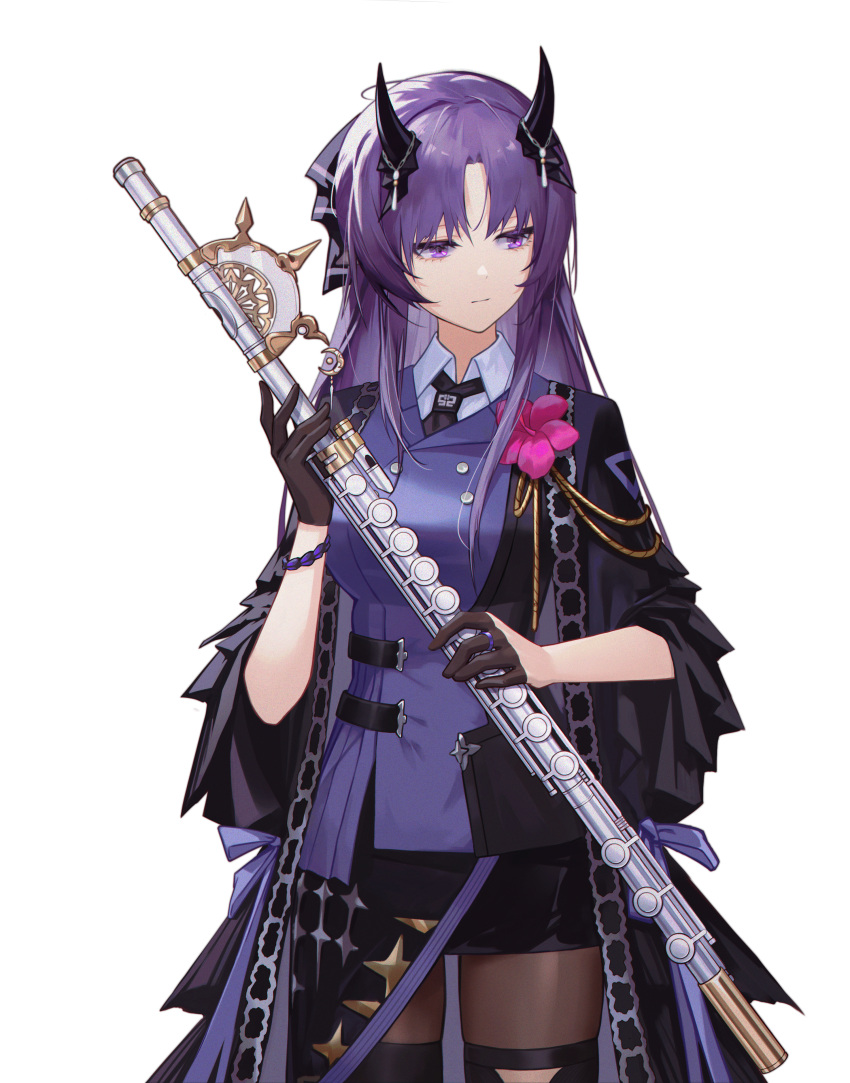1girl absurdres arknights ash-c bangs black_coat black_shorts brown_legwear coat commentary_request cowboy_shot flute hibiscus_(arknights) hibiscus_the_purifier_(arknights) highres holding holding_instrument horns instrument legwear_under_shorts long_hair long_sleeves open_clothes open_coat pantyhose purple_eyes purple_hair purple_shirt shirt shorts simple_background solo standing white_background