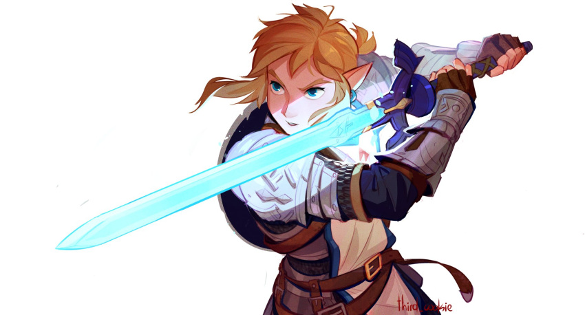 1boy armor bangs belt blonde_hair blue_eyes brown_belt brown_gloves chainmail commentary earrings eyelashes fighting_stance fingerless_gloves gloves glowing glowing_sword glowing_weapon hands_up highres holding holding_sword holding_weapon jewelry link male_focus master_sword parted_lips pointy_ears short_hair shoulder_armor solo sword the_legend_of_zelda third_cookie weapon white_background