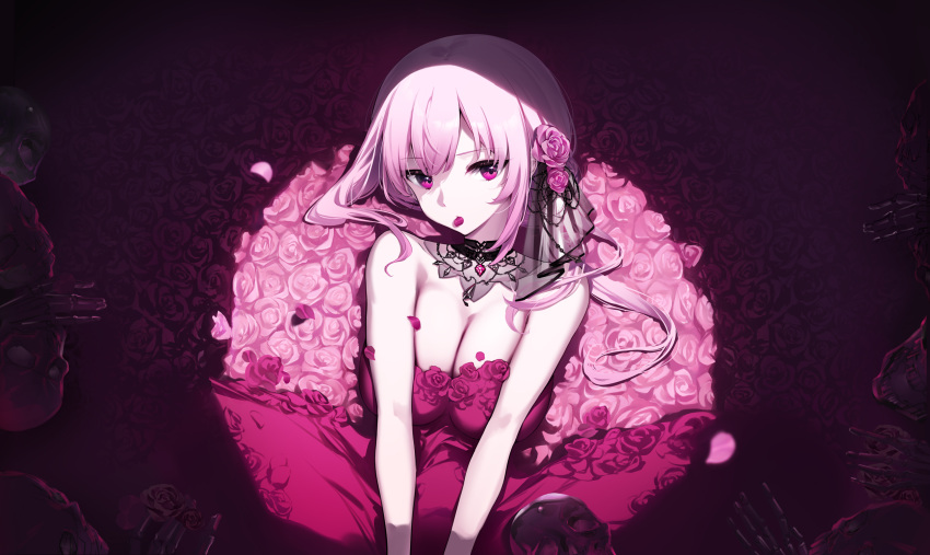 1girl bangs bare_arms breasts cleavage detached_collar dress flower hair_flower hair_ornament highres hololive hololive_english large_breasts long_hair looking_at_viewer lying mori_calliope on_back petals_in_mouth pink_eyes pink_flower pink_hair pink_rose red_dress rose skull solo strapless strapless_dress upper_body v_arms virtual_youtuber yaguo