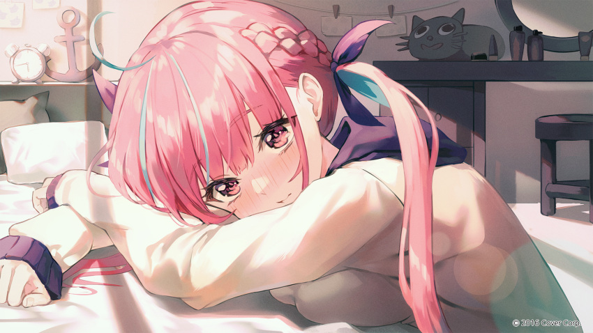 1girl ahoge alarm_clock anchor_symbol arm_pillow bangs bed blue_hair blue_ribbon blush breast_press breasts clock closed_mouth from_side hair_ribbon highres hololive hood hood_down hoodie indoors large_breasts long_sleeves looking_at_viewer looking_to_the_side minato_aqua multicolored_hair myung_yi neko_(minato_aqua) official_art pink_eyes pink_hair ribbon solo streaked_hair upper_body virtual_youtuber white_hoodie