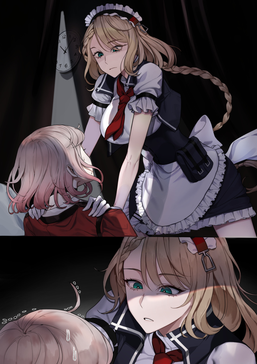 2girls apron aqua_eyes bangs black_choker blonde_hair braid braided_ponytail breasts brown_hair choker closed_mouth commission dial eyebrows_visible_through_hair g36_(girls'_frontline) gentiane_(girls'_frontline) girls'_frontline gloves highres jacket kuuky long_hair looking_at_another lying maid maid_apron maid_headdress medium_breasts medium_hair multicolored_hair multiple_girls necktie on_back open_mouth parted_lips pink_hair red_jacket red_necktie shirt short_sleeves side_ponytail sitting sitting_on_person streaked_hair white_apron white_gloves white_shirt yuri