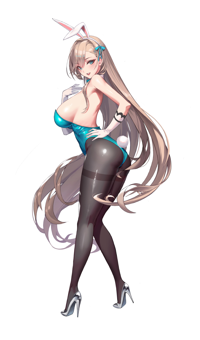 1girl 2v_(joyeong) absurdres animal_ears ass asuna_(blue_archive) asuna_(bunny)_(blue_archive) blue_archive blue_eyes blue_leotard breasts elbow_gloves from_behind gloves grey_hair hand_on_hip high_heels highres korean_commentary large_breasts leaning_forward leotard long_hair looking_at_viewer official_alternate_costume pantyhose playboy_bunny rabbit_ears rabbit_tail sagging_breasts seductive_smile sideboob skindentation smile solo standing tail very_long_hair white_background white_gloves