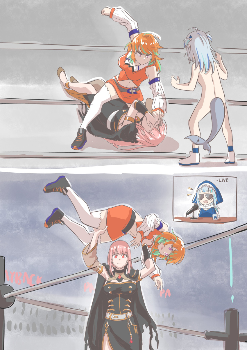 3girls absurdres bow_choker earrings feather_earrings feathers fighting gawr_gura gradient_hair highres hololive hololive_english jewelry mori_calliope multicolored_hair multiple_girls nude orange_hair pink_hair shoulder_spikes spikes sunglasses takanashi_kiara virtual_youtuber wrestling wrestling_ring wwe xu_chin-wen