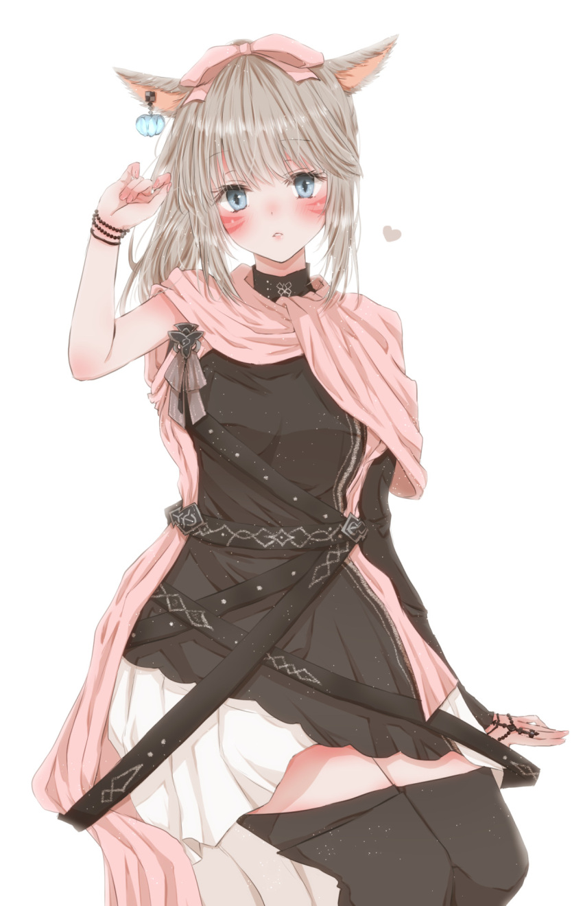 1girl animal_ears avatar_(ff14) bead_bracelet beads black_legwear blue_eyes bracelet breasts cat_ears cat_girl commission dress final_fantasy final_fantasy_xiv grey_hair highres hiro_(hirohiro31) jewelry long_sleeves medium_breasts miqo'te ponytail single_sleeve skeb_commission thighhighs