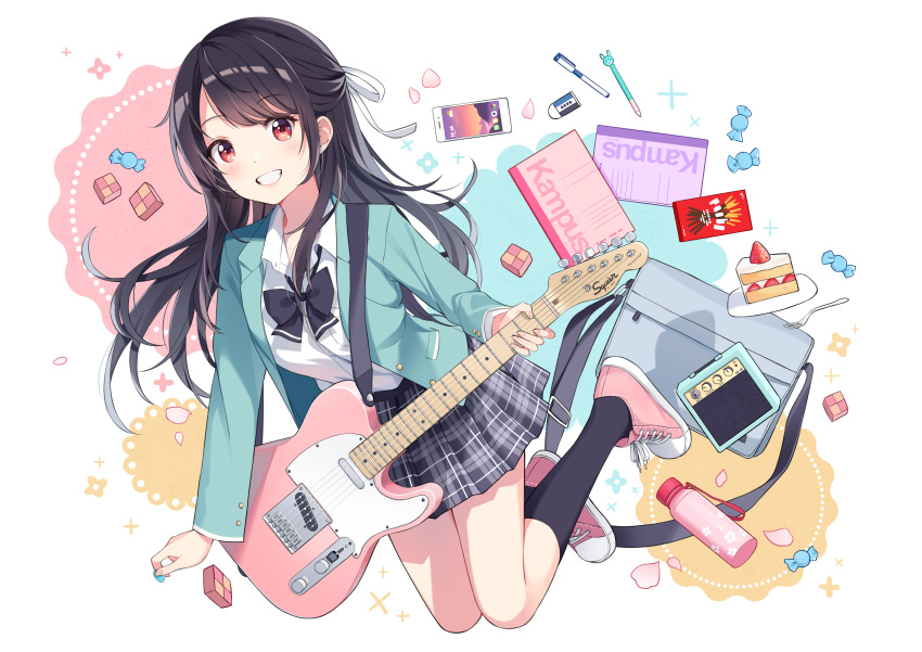 1girl :d absurdres amplifier bangs black_bow black_bowtie black_hair blazer blush bottle bow bowtie breasts cake candy cellphone commentary converse electric_guitar eraser eyebrows_visible_through_hair fender fender_telecaster food fork grin guitar hair_ornament hair_ribbon highres holding instrument jacket kawashima_yaruki kneehighs long_hair long_sleeves looking_at_viewer notebook open_mouth original pen phone pink_footwear pleated_skirt pocky red_eyes revision ribbon school_uniform shirt shoes skirt smile sneakers solo swept_bangs teeth uniform water_bottle white_ribbon white_shirt yaruwashi