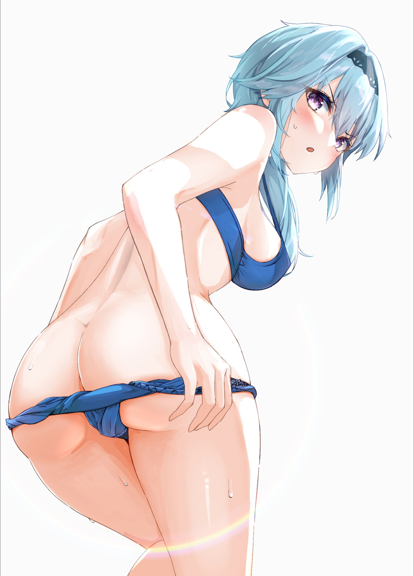 1girl ass blue_bra blue_hair blue_panties bra butt_crack eula_(genshin_impact) from_behind genshin_impact highres looking_at_viewer o_aries346 panties solo underwear