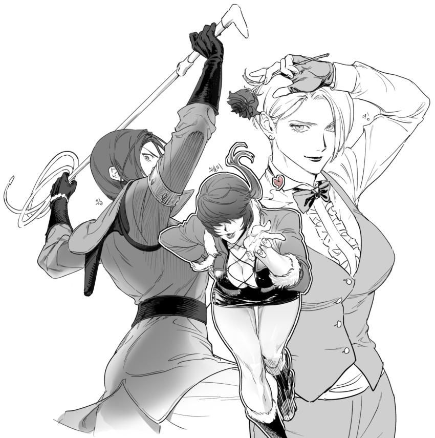 3girls black_gloves bpadult breasts cleavage cleavage_cutout clothing_cutout cropped_jacket fighting_game flower gloves greyscale hair_over_eyes highres holding holding_whip king_(snk) looking_at_viewer monochrome multiple_girls rose ryuuko_no_ken shermie_(kof) shirt snk the_king_of_fighters the_king_of_fighters_xv vest whip whip_(kof)