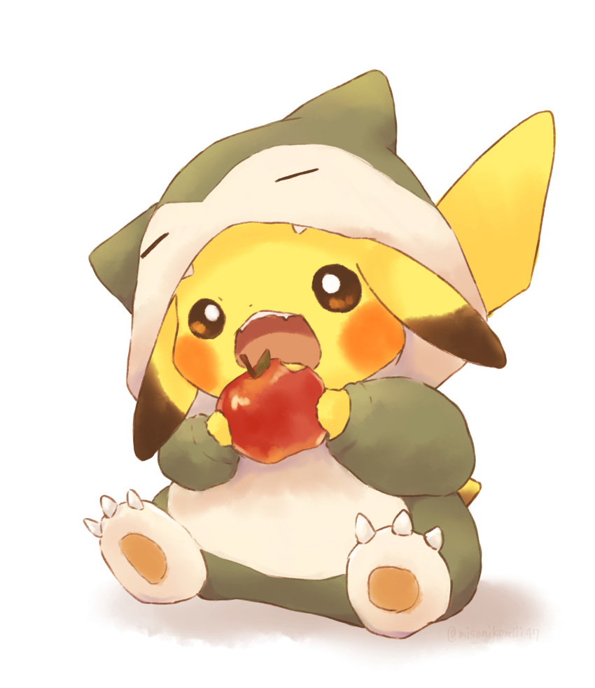 animal animal_focus apple brown_eyes commentary_request cosplay cosplay_pikachu food fruit highres holding holding_food holding_fruit hood hood_up looking_at_object misonikomiii no_humans open_mouth pikachu pokemon shadow simple_background sitting snorlax teeth upper_teeth white_background