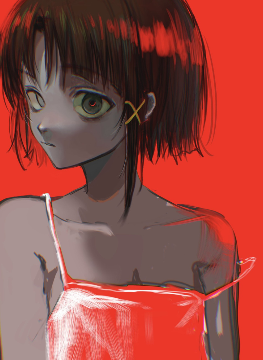 1girl bags_under_eyes bare_shoulders camisole collarbone empty_eyes expressionless eye_reflection eyebrows_visible_through_hair flat_chest hair_ornament highres iniooooo iwakura_lain looking_at_viewer parted_lips profile raised_eyebrow red_camisole reflection serial_experiments_lain short_hair sidelocks single_sidelock solo spaghetti_strap strap_slip x_hair_ornament