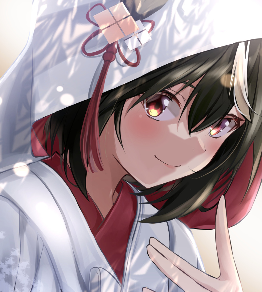 1girl absurdres alternate_costume animal_ears black_hair blush commentary_request hair_ornament highres hood horse_ears japanese_clothes kimono kitasan_black_(umamusume) looking_at_viewer nayuta0603 portrait red_eyes smile solo uchikake umamusume wedding white_background