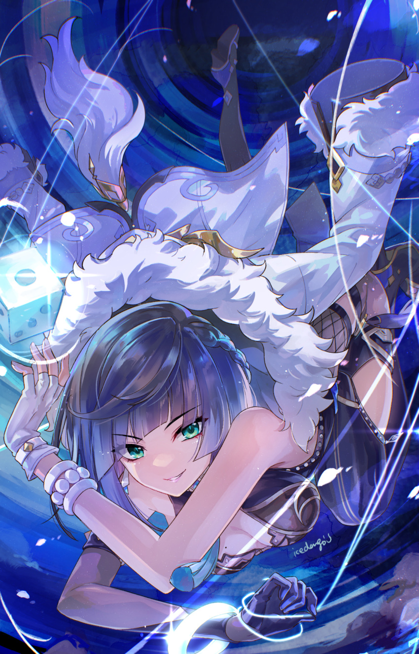 1girl bangs bare_shoulders black_gloves blunt_bangs bob_cut breasts dice dress fur_trim genshin_impact gloves green_eyes highres icedango_(dpopic3) jacket looking_at_viewer medium_breasts mole mole_on_breast short_hair smile solo white_gloves white_jacket yelan_(genshin_impact)