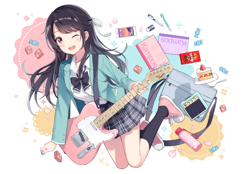 1girl :d absurdres amplifier bangs black_bow black_bowtie black_hair blazer blush bottle bow bowtie breasts cake candy cellphone commentary converse electric_guitar eraser eyebrows_visible_through_hair fender fender_telecaster food fork grin guitar hair_ornament hair_ribbon highres holding instrument jacket kawashima_yaruki kneehighs long_hair long_sleeves looking_at_viewer notebook one_eye_closed open_mouth original pen phone pink_footwear pleated_skirt pocky red_eyes ribbon school_uniform shirt shoes skirt smile sneakers solo swept_bangs teeth uniform upper_teeth water_bottle white_ribbon white_shirt yaruwashi