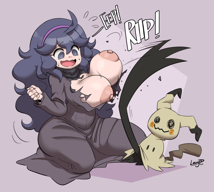 accessory ambiguous_gender areola big_breasts blush breasts claws clothing duo english_text exclamation_point female hair hair_accessory hairband hex_maniac hi_res human joaoppereiraus kneeling long_hair mammal mimikyu nintendo nipples onomatopoeia open_mouth pink_areola pink_nipples pok&eacute;mon pok&eacute;mon_(species) purple_eyes purple_hair robe sound_effects spiral_eyes tearing_clothing text torn_clothing video_games white_body white_skin