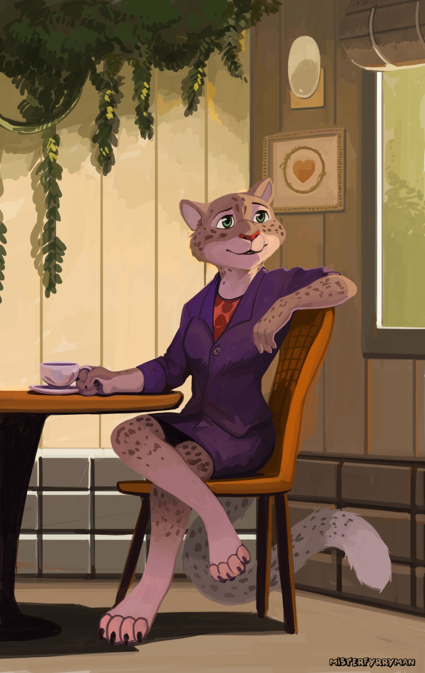 absurd_res anthro as_dusk_falls_a_new_dawn_rises beverage cafe coffee disney fabienne_growley felid feline female hi_res mammal misterfyrryman pantherine plant snow_leopard solo wall_(structure) zootopia