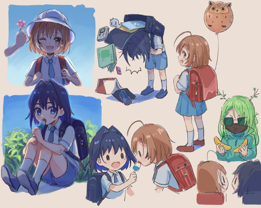 3girls :d :o ahoge alternate_costume animal_balloon antlers backpack bag banana bangs bird blue_eyes blue_hair blue_hoodie blue_shorts blue_skirt boros_(ouro_kronii) braid braided_bangs branch brown_eyes brown_hair bush cartridge ceres_fauna collared_shirt fangs food fruit game_boy hair_intakes hair_over_one_eye handheld_game_console hat highres hololive hololive_english hood hoodie kisuu_(oddnumberr_) looking_at_viewer mary_janes multicolored_hair multiple_girls multiple_views nanashi_mumei neckerchief one_eye_closed open_bag ouro_kronii owl pencil_case pleated_skirt popsicle randoseru school_hat school_uniform shirt shoes short_hair shorts skirt smile streaked_hair suspender_shorts suspender_skirt suspenders textbook virtual_youtuber younger |_|