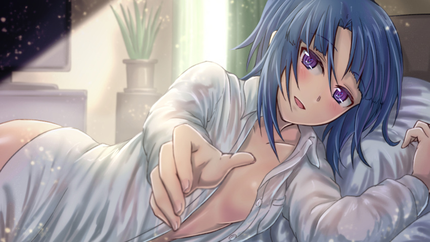1girl :d alice_gear_aegis bangs blue_hair blush breasts bureikubureido collared_shirt dress_shirt eyebrows_visible_through_hair hair_between_eyes highres indoors long_hair long_sleeves looking_at_viewer lying naked_shirt on_bed on_side open_clothes open_mouth open_shirt pillow pov purple_eyes shirt small_breasts smile solo takanashi_rei white_shirt wing_collar
