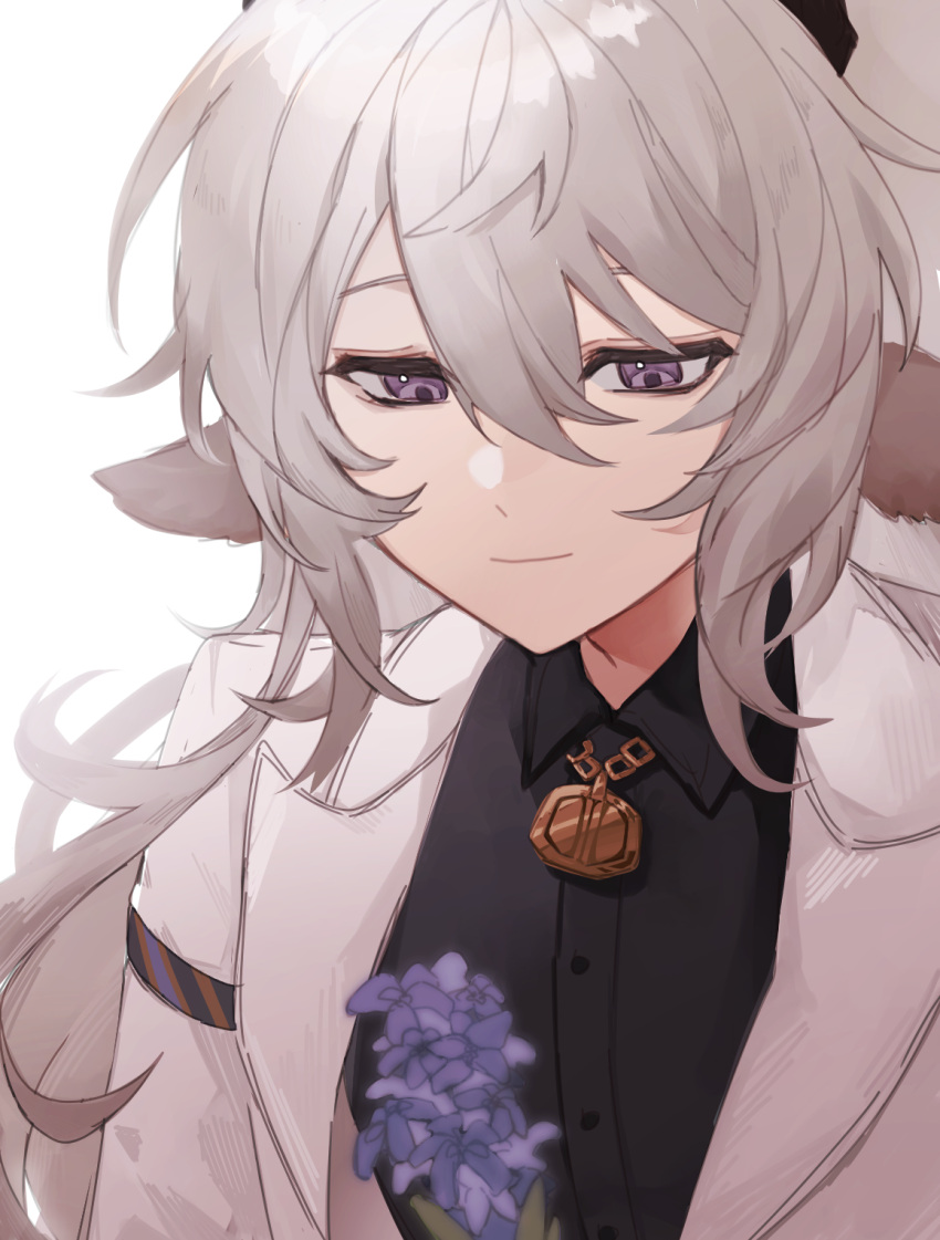 1boy animal_ears arknights bishounen black_shirt bouquet calcite_(arknights) closed_mouth cow_boy cow_ears flower formal grey_hair highres jewelry male_focus mengyajunsprout necklace purple_eyes purple_flower shirt short_hair simple_background solo suit upper_body