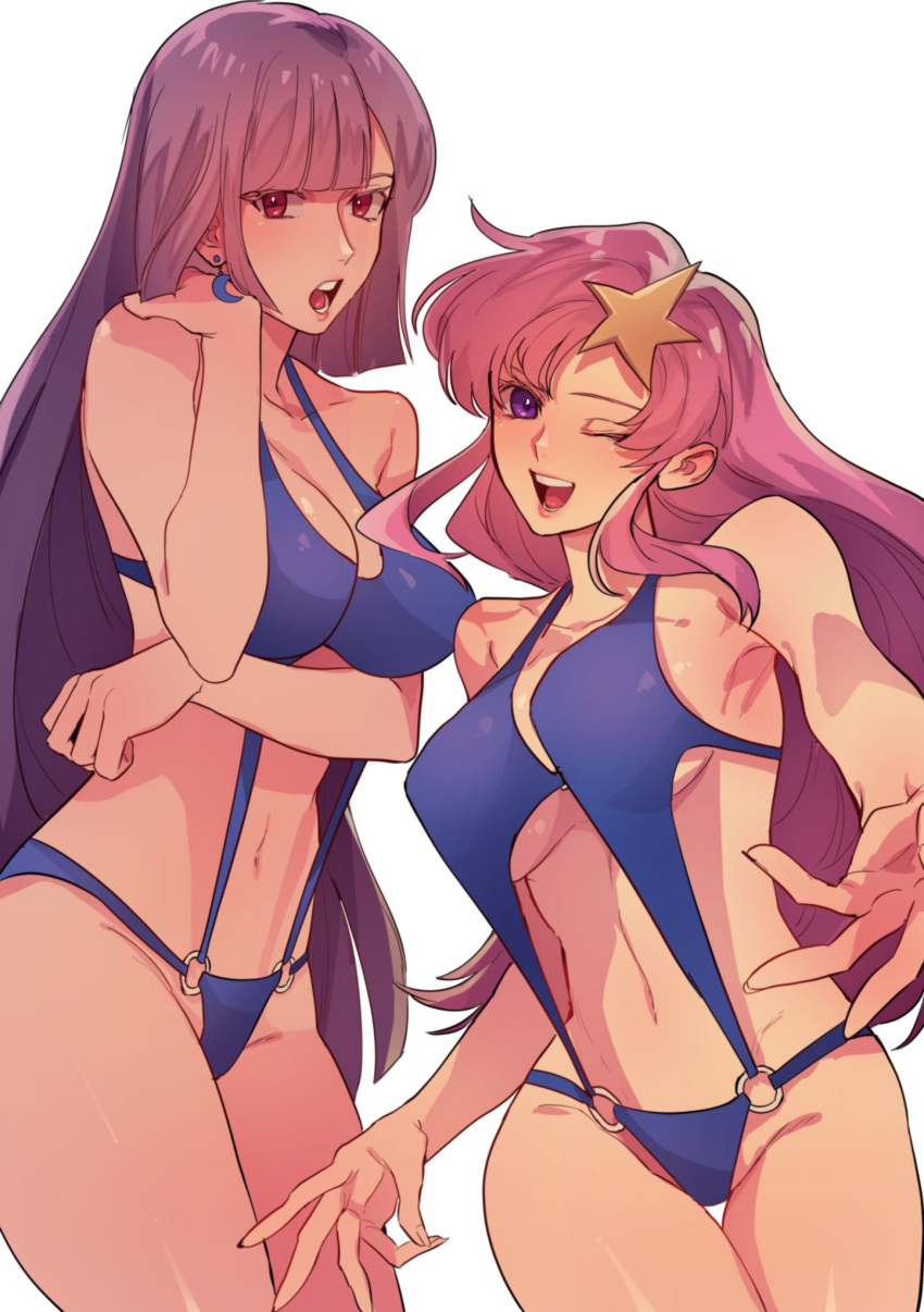 2girls ;d bangs bare_arms blue_swimsuit blunt_bangs breasts cleavage collarbone crescent crescent_earrings earrings floating_hair gundam gundam_seed gundam_zz hair_ornament highres jewelry lacus_clyne large_breasts long_hair multiple_girls navel one_eye_closed open_mouth otenki93 pink_hair purple_eyes purple_hair red_eyes roux_louka shiny shiny_hair shiny_skin sidelocks simple_background smile standing star_(symbol) star_hair_ornament swimsuit thigh_gap underboob very_long_hair white_background